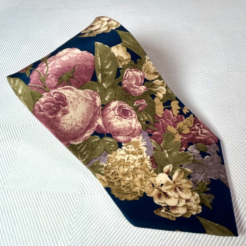 Karl Lagerfeld Mens 100% Silk Tie Navy Floral Mauve Peony Vintage USA